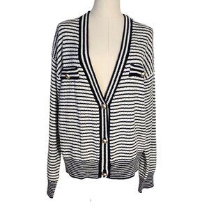 Tahari Blue White Striped V-Neck Cardigan with Brush Gold Buttons Women's Size L